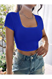 Kare Yaka Mavi Renk Fitilli Kısa Kollu Slim Fit Crop Top Bluz