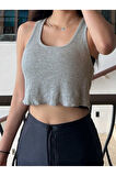 U Yaka Omuzu Açık Eteği Salaş Gri Renk Fitilli Crop Top Bluz