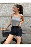 U Yaka Omuzu Açık Eteği Salaş Gri Renk Fitilli Crop Top Bluz