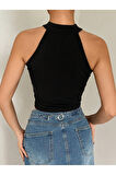 Halter Yaka Siyah Renk Fitilli Crop Top Bluz