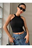 Halter Yaka Siyah Renk Fitilli Crop Top Bluz