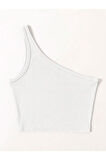 Asimetrik Yaka Kolsuz Tek Omuz Askılı Beyaz Renk Fitilli Crop Top Bluz