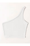 Asimetrik Yaka Kolsuz Tek Omuz Askılı Beyaz Renk Fitilli Crop Top Bluz