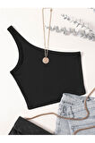 Asimetrik Yaka Kolsuz Tek Omuz Askılı Siyah Renk Fitilli Crop Top Bluz