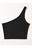 Asimetrik Yaka Kolsuz Tek Omuz Askılı Siyah Renk Fitilli Crop Top Bluz