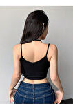 U Yaka İpli Askılı Siyah Renk Fitilli Crop Top Bluz