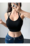 U Yaka İpli Askılı Siyah Renk Fitilli Crop Top Bluz