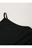 Askılı Halter Yaka Yüzücü Sırtlı Yanları İpli Siyah Renk Fitilli Crop Top Bluz