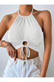 Halter Yaka Bağlamalı Büzgülü Beyaz Renk Fitilli Crop Top Bluz