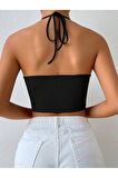 Halter Yaka Bağlamalı Büzgülü Siyah Renk Fitilli Crop Top Bluz