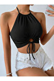 Halter Yaka Bağlamalı Büzgülü Siyah Renk Fitilli Crop Top Bluz