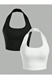 2'Li Paket Kare Yaka Siyah ve Beyaz Renk Boyun Askılı Crop Top Bluz