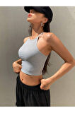 Askılı Halter Yaka Yüzücü Sırtlı Gri Renk Fitilli Crop Top Bluz