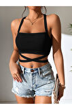 Düz Yaka Çapraz Bağcıklı Askılı Siyah Renk Fitilli Crop Top Bluz