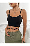Yuvarlak Yaka Askılı Çapraz Bağcıklı Siyah Renk Fitilli Crop Top Büstiyer