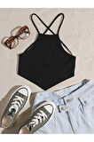 Halter Yaka Sırtı Açık Çapraz Askılı Bağcıklı Siyah Renk Fitilli Crop Top Bluz