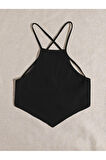 Halter Yaka Sırtı Açık Çapraz Askılı Bağcıklı Siyah Renk Fitilli Crop Top Bluz