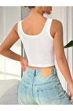 Kare Yaka Düşük Sırtlı Beyaz Renk Fitilli Crop Top Bluz