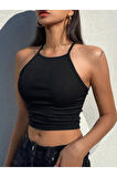 Askılı Halter Yaka Yüzücü Sırtlı Siyah Renk Fitilli Crop Top Bluz