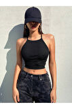 Askılı Halter Yaka Yüzücü Sırtlı Siyah Renk Fitilli Crop Top Bluz