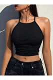 Askılı Halter Yaka Yüzücü Sırtlı Siyah Renk Fitilli Crop Top Bluz