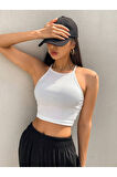 Askılı Halter Yaka Yüzücü Sırtlı Beyaz Renk Fitilli Crop Top Bluz