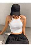 Askılı Halter Yaka Yüzücü Sırtlı Beyaz Renk Fitilli Crop Top Bluz