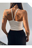 Geniş Yaka Askılı Beyaz Renk Fitilli Crop Top Bluz
