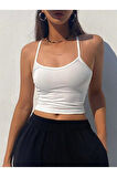 Geniş Yaka Askılı Beyaz Renk Fitilli Crop Top Bluz