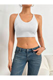 U Yaka Boyun Askılı Beyaz Renk Fitilli Crop Top Büstiyer