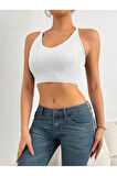 U Yaka Boyun Askılı Beyaz Renk Fitilli Crop Top Büstiyer