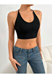 U Yaka Boyun Askılı Siyah Renk Fitilli Crop Top Büstiyer