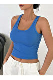 Kalın Askılı U Yaka Mavi Renk Fitilli Crop Top Bluz