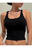 Kalın Askılı U Yaka Siyah Renk Fitilli Crop Top Bluz