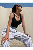 Kalın Askılı U Yaka Siyah Renk Fitilli Crop Top Bluz