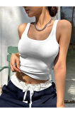 Kalın Askılı U Yaka Beyaz Renk Fitilli Crop Top Bluz