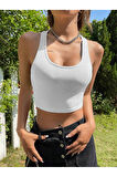Kadın Boyun Askılı U Yaka Yüzücü Sırtlı Beyaz Renk Fitilli Crop Top Bluz