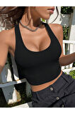 Kadın Boyun Askılı U Yaka Yüzücü Sırtlı Siyah Renk Fitilli Crop Top Bluz