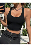 Kadın Boyun Askılı U Yaka Yüzücü Sırtlı Siyah Renk Fitilli Crop Top Bluz
