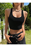 Kadın Boyun Askılı U Yaka Yüzücü Sırtlı Siyah Renk Fitilli Crop Top Bluz