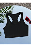 Kadın Boyun Askılı U Yaka Yüzücü Sırtlı Siyah Renk Fitilli Crop Top Bluz