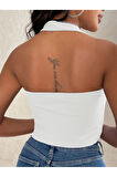 Kadın Boyun Askılı U Yaka Beyaz Renk Fitilli Crop Top Bluz