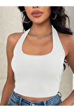 Kadın Boyun Askılı U Yaka Beyaz Renk Fitilli Crop Top Bluz