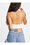 Kadın Boyun Askılı U Yaka Beyaz Crop Top Bluz