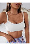 Kadın Geniş Yaka Askılı Sütyen Stili Beyaz Super Crop Top Büstiyer