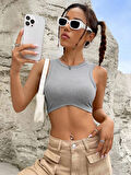 Liona Kadın Gri Melanj Bisiklet Yaka Crop Top Büstiyer