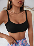 Liona Kadın Geniş Yaka Askılı Sütyen Stili Siyah Super Crop Top Bluz