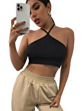 Liona Kadın Boyundan Bağlamalı Siyah Renk Crop Top Bluz