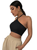 Liona Kadın Boyundan Bağlamalı Siyah Renk Crop Top Bluz