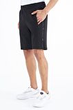 Siyah Yan Baskılı Fermuar Cepli Bağcıklı Standart Kalıp Erkek Şort - 81244 | S
